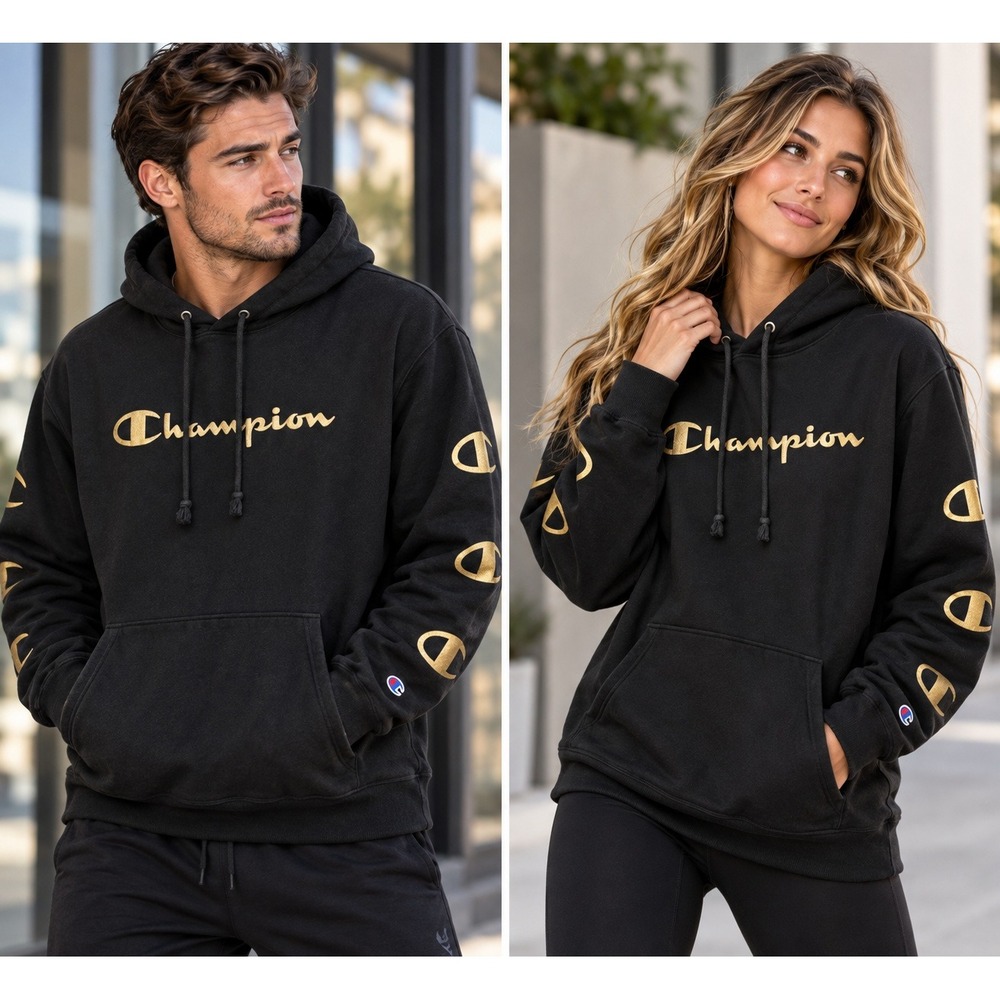 Champion Reverse Weave Black Hoodie Size Medium Gold Foil Script Logo #1597